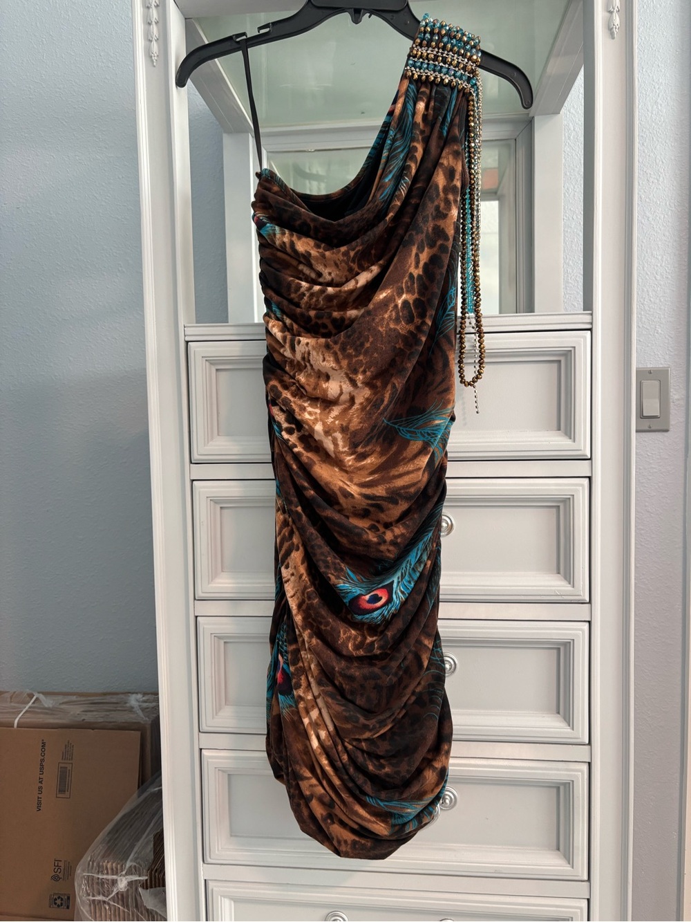 Jovani One-Shoulder Leopard Print Dress with Peacock Feather Detail